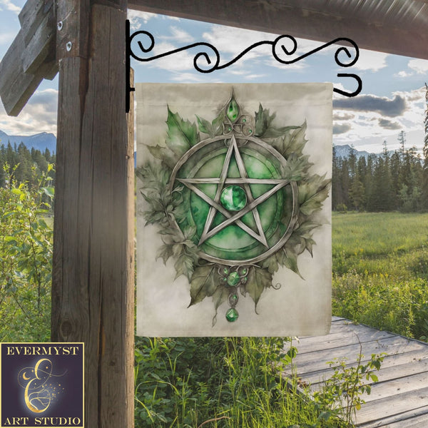 a picture of a green pentagramil hanging from a wooden fence