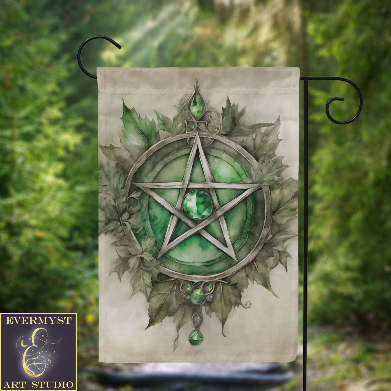 a green pentagramil with leaves and a pentagramil on it