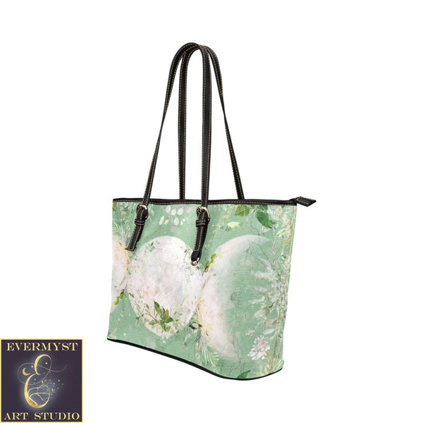 Spring Green Triple Moon Leather Tote Bag (Model 1651) (Big) Bags