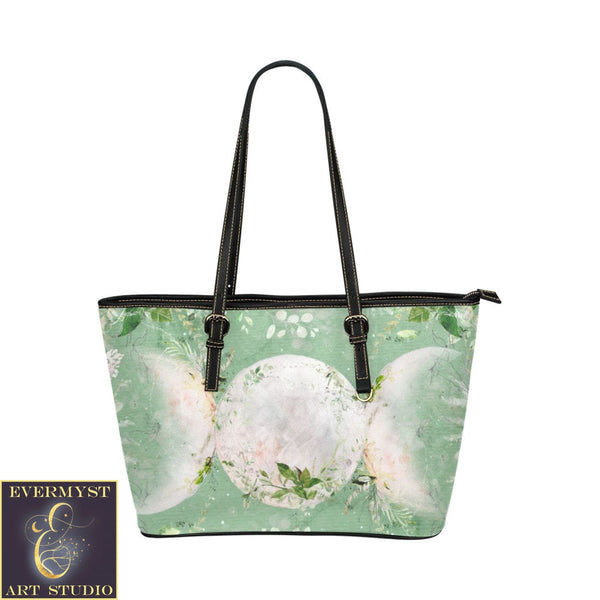 Spring Green Triple Moon Leather Tote Bag (Model 1651) (Big) Bags