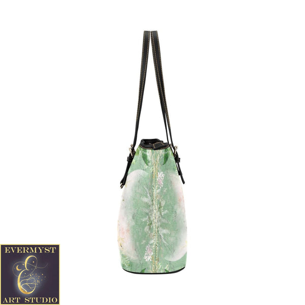 Spring Green Triple Moon Leather Tote Bag (Model 1651) (Big) Bags