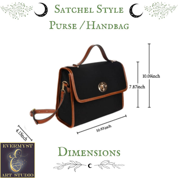 a black and brown purse with measurements