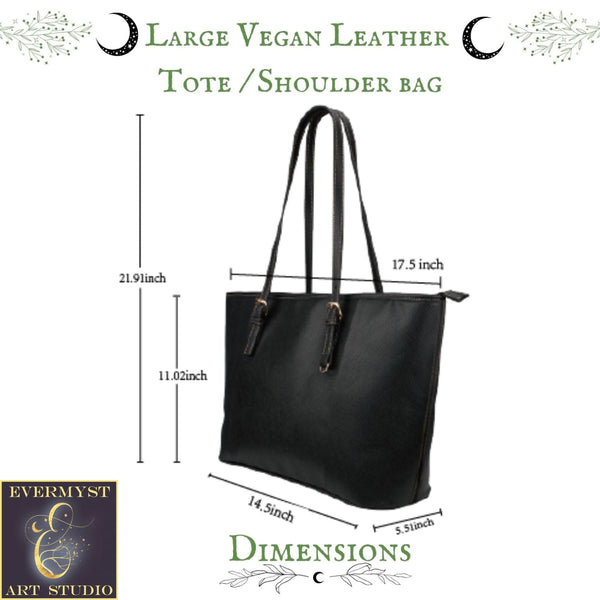 a black leather tote bag with measurements