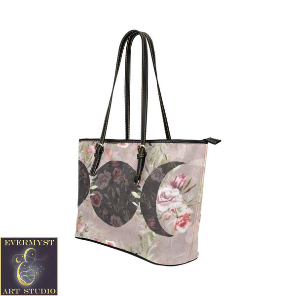 Black Rose Moon Leather Tote Bag (Model 1651) (Big) Bags