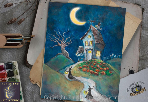 Witches Halloween Art Print - Cute Witch Haunted House Witchy Whimsical Gift Painting