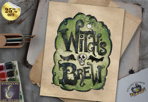 Witch’s Brew Art Print Whimsical Halloween Lettering Text Illustration Painting