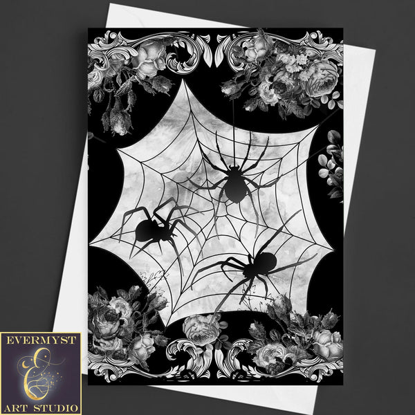 Witchy Gothic Spiders Greeting Card Halloween Dark Samhain Victorian Blank Notecard