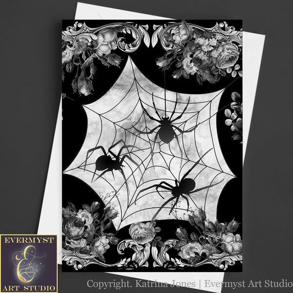 Witchy Gothic Spiders Greeting Card Halloween Dark Samhain Victorian Blank Notecard