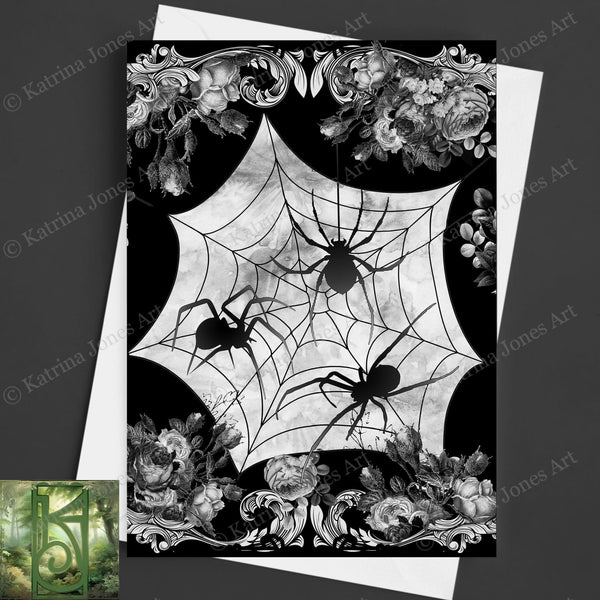 Witchy Gothic Spiders Greeting Card Halloween Dark Samhain Victorian Blank Notecard