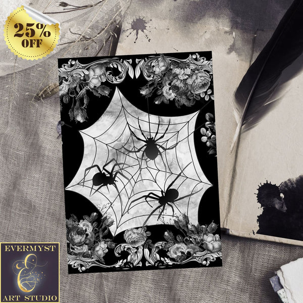Witchy Gothic Spiders Greeting Card Halloween Dark Samhain Victorian Blank Notecard