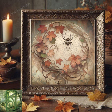 a picture of a spider in a frame surrounded by autumn leaves