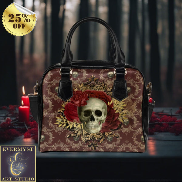 a handbag with a skull and roses on it