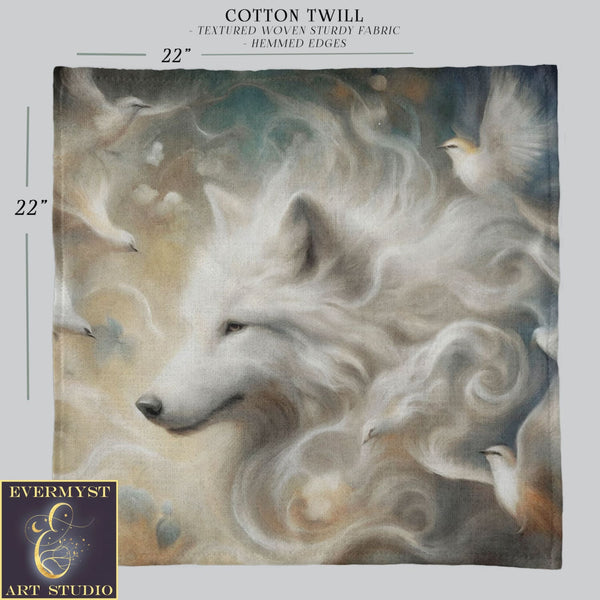 a painting of a white wolf surrounded by birds