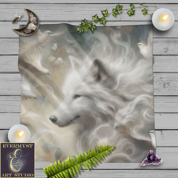 a painting of a white wolf on a wood background