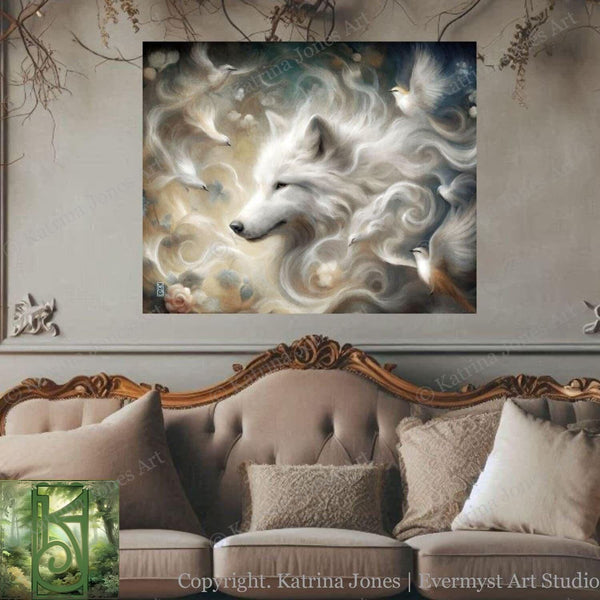 a living room with a couch and a painting on the wall