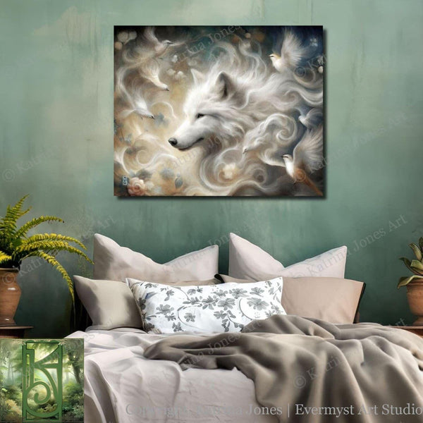 a painting of a wolf on a wall above a bed