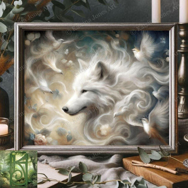 a painting of a white wolf in a frame