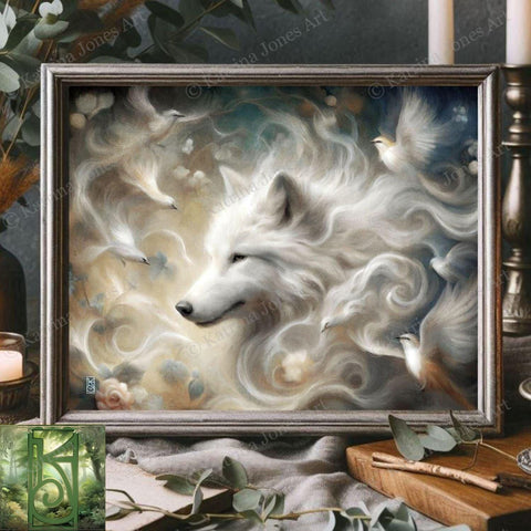 a painting of a white wolf in a frame