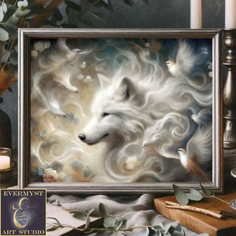 a painting of a white wolf in a frame