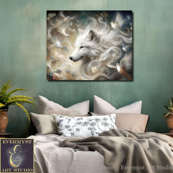 a painting of a wolf on a wall above a bed