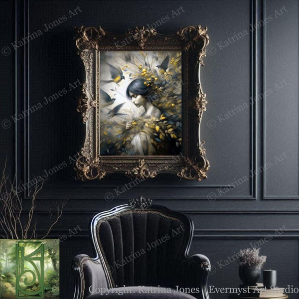 a chair in a room with a painting on the wall