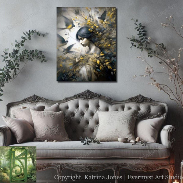 a living room with a couch and a painting on the wall