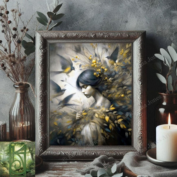 a painting of a woman surrounded by flowers