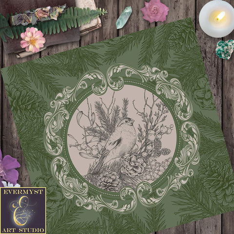 Woodland Bird Altar Cloth - Green Tarot Reading Mat Witch Decor Square