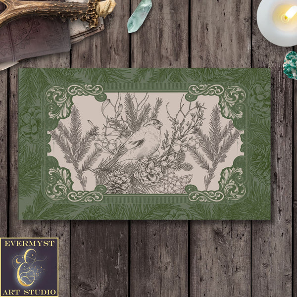 Woodland Bird Green Altar Cloth Tarot Reading Mat - Witch Decor Rec