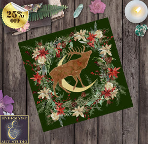 Woodland Deer Altar Cloth Tarot Mat - Yule Winter Decor Square