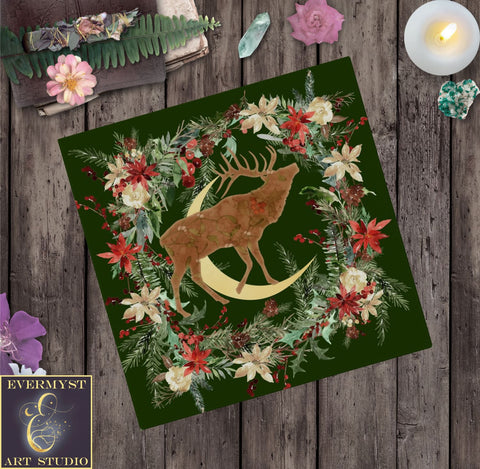 Woodland Deer Altar Cloth Tarot Mat - Yule Winter Decor Square