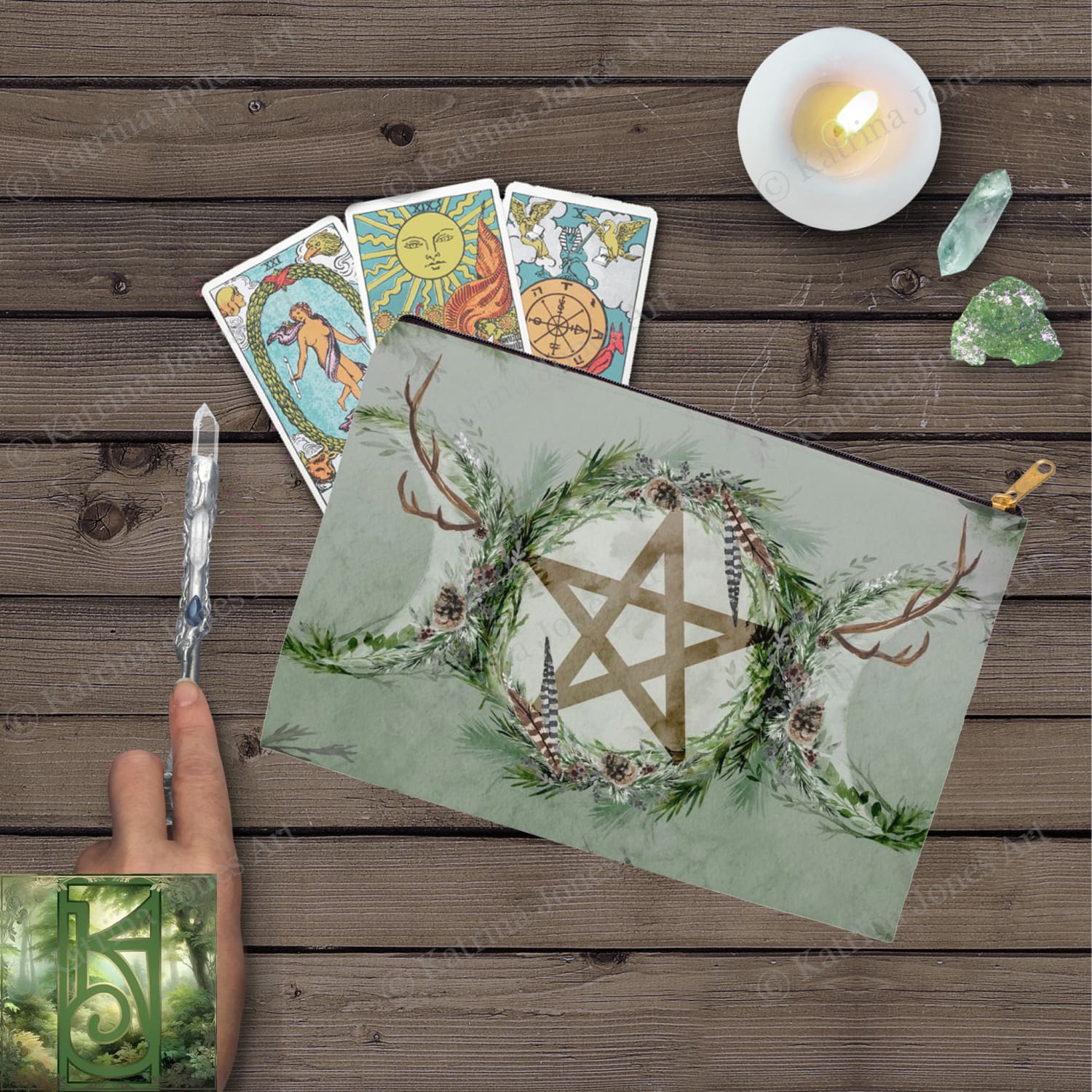 Woodland Pentacle Accessory Pouches Witch Wicca Pagan Nature Design Zippered Tarot Bag Pouch