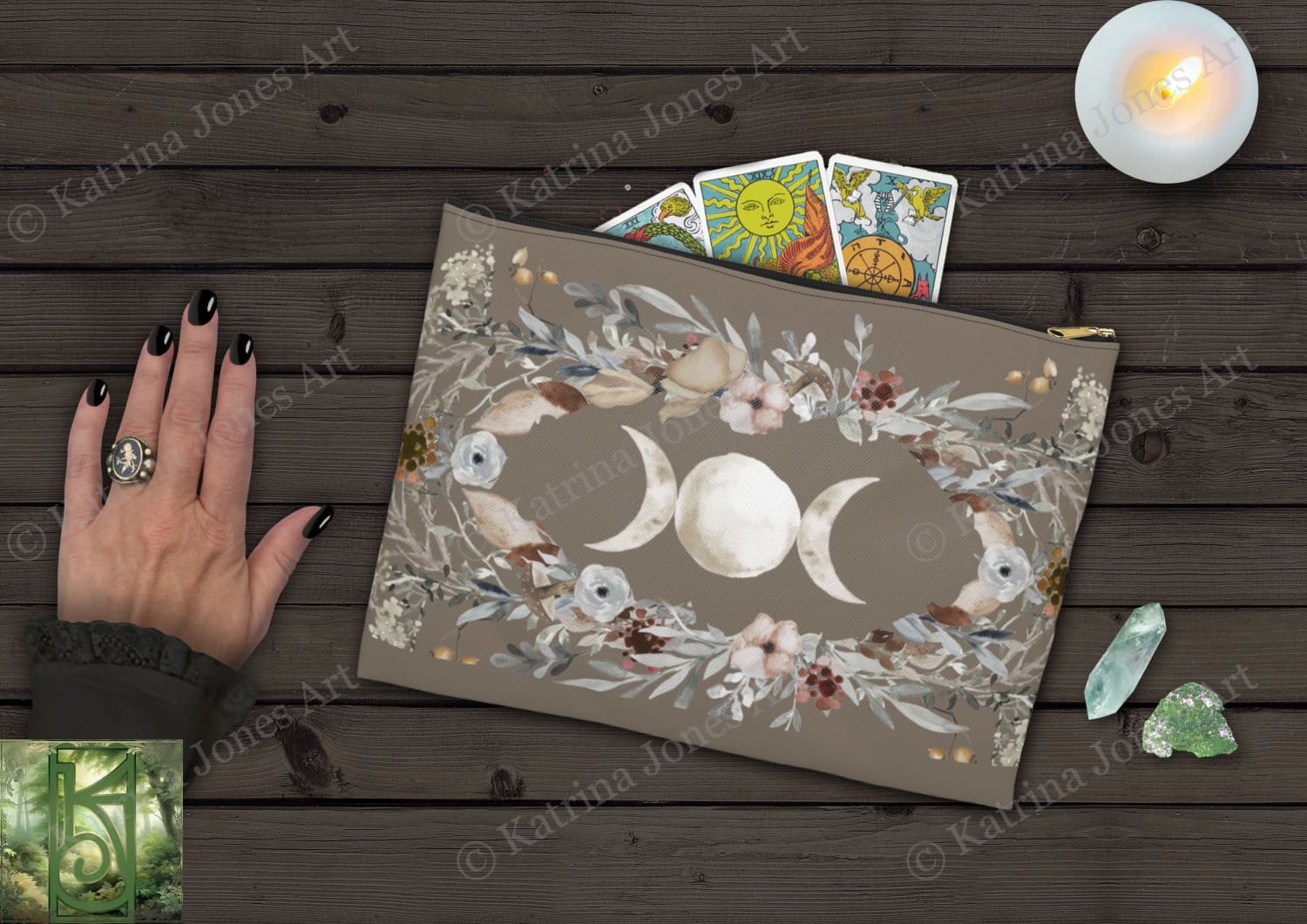 Triple Moon Goddess Pattern Accessory Zippered Pouch Purse Tarot Oracle Deck Makeup Zip Cosmetic