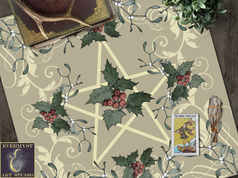 Yule Altar Tarot Cloth - Antique Holly Style Decor Square