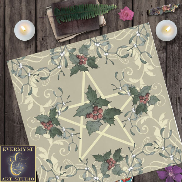 Yule Altar Tarot Cloth - Antique Holly Style Decor Square