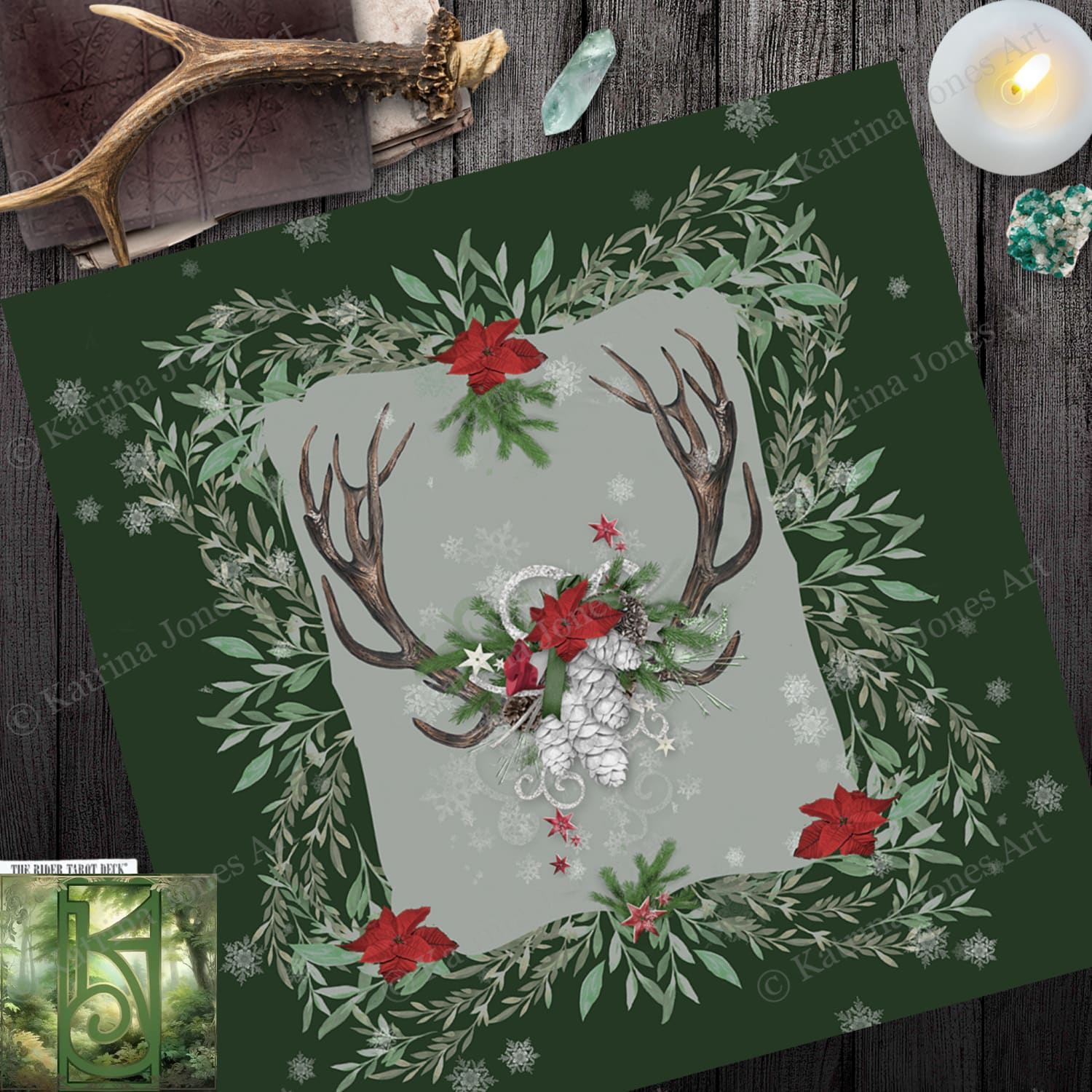 Winter Antler Yule Altar Cloth Mat For Tarot Readings - Pagan Wicca Witch Decor Square