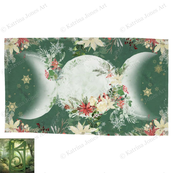 Yule Poinsettia Triple Moon Altar Cloth - Wicca Pagan Witch Decor Rec
