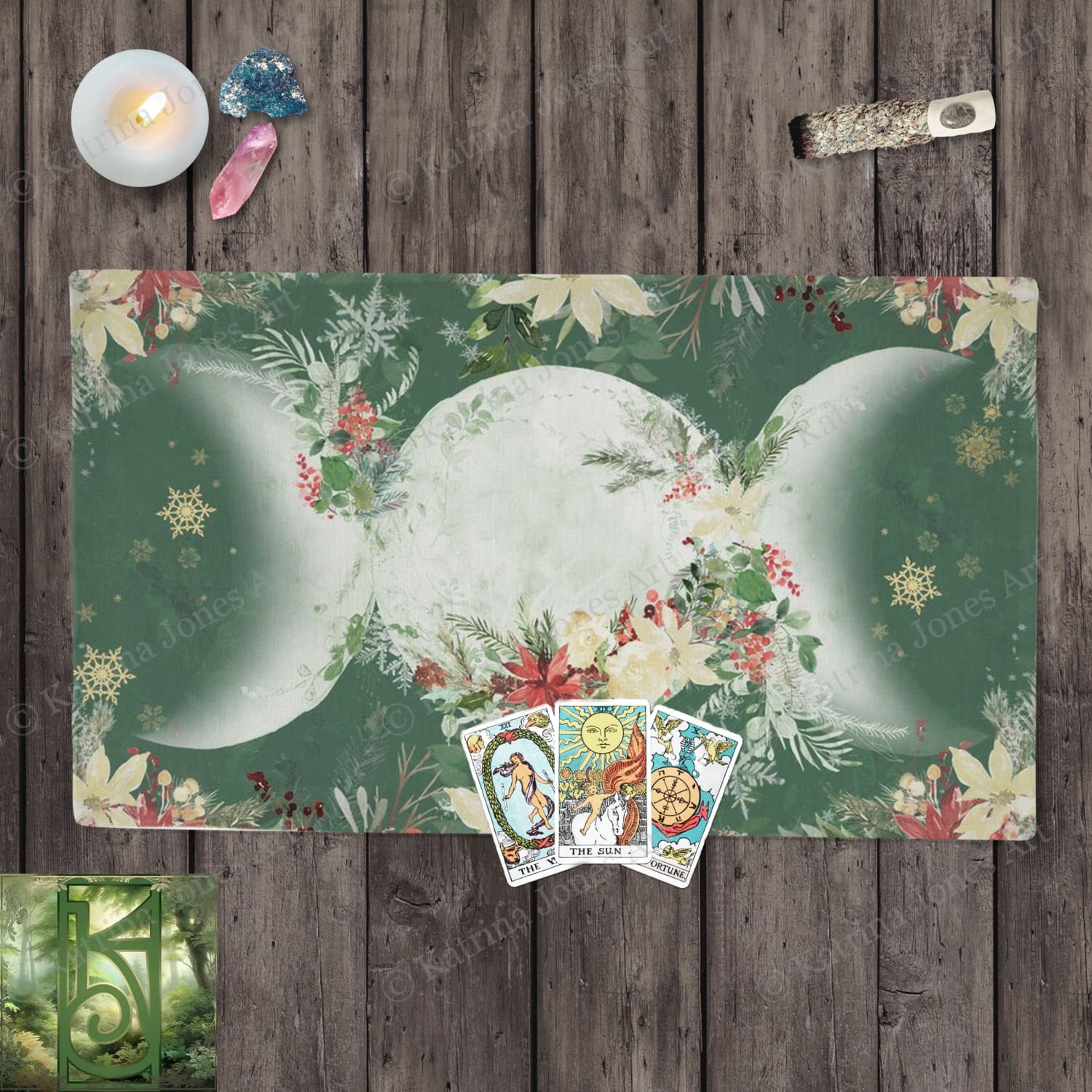 Yule Poinsettia Triple Moon Altar Cloth - Wicca Pagan Witch Decor Cotton Twill Rec