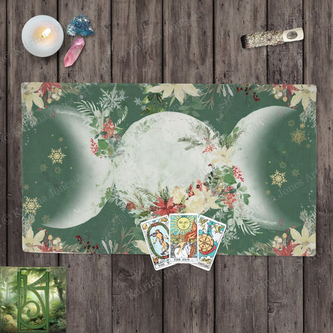 Yule Poinsettia Triple Moon Altar Cloth - Wicca Pagan Witch Decor Cotton Twill Rec