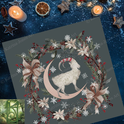 Yule Goat Moon Altar Cloth - Pagan Winter Botanical Decor Square