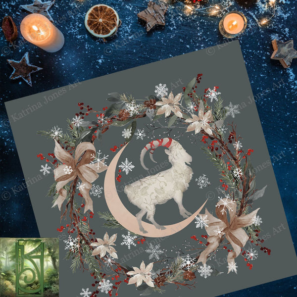 Yule Goat Moon Altar Cloth - Pagan Winter Botanical Decor Square