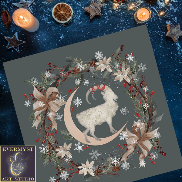 Yule Goat Moon Altar Cloth - Pagan Winter Botanical Decor Square