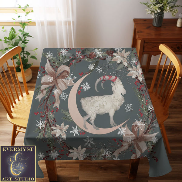 Yule Goat Moon Altar Cloth - Pagan Winter Botanical Decor Square