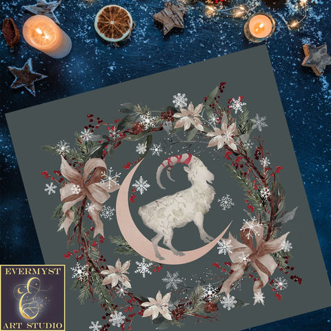 Yule Goat Moon Altar Cloth - Pagan Winter Botanical Decor Square