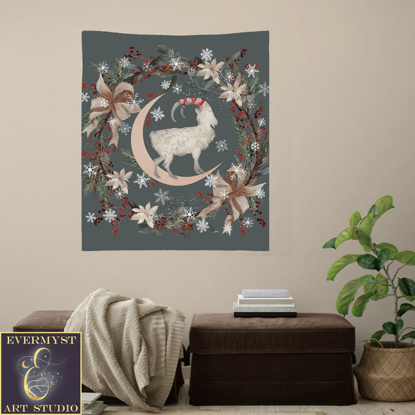 Yule Goat Moon Altar Cloth - Pagan Winter Botanical Decor Square