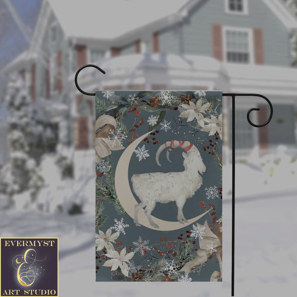 Yule Goat Moon Garden Flag - Folk Julbock Winter Decoration