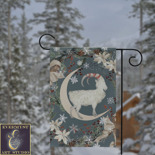 Yule Goat Moon Garden Flag - Folk Julbock Winter Decoration