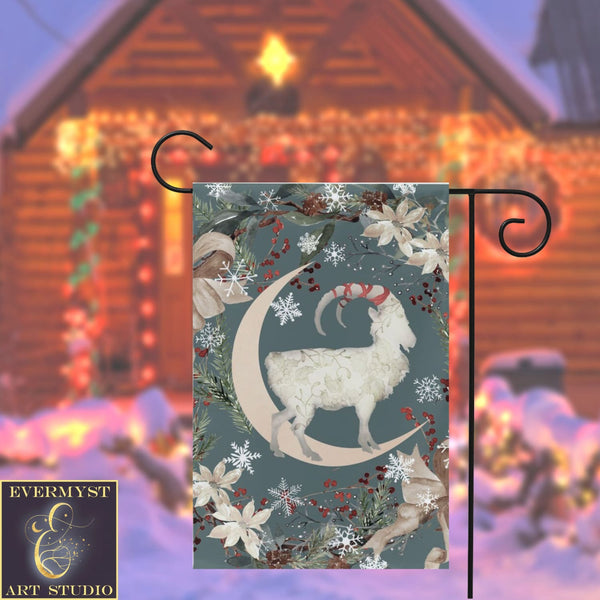 Yule Goat Moon Garden Flag - Folk Julbock Winter Decoration