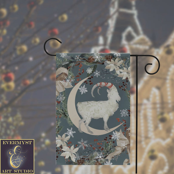 Yule Goat Moon Garden Flag - Folk Julbock Winter Decoration