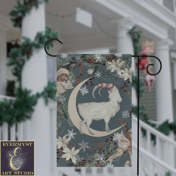 Yule Goat Moon Garden Flag - Folk Julbock Winter Decoration